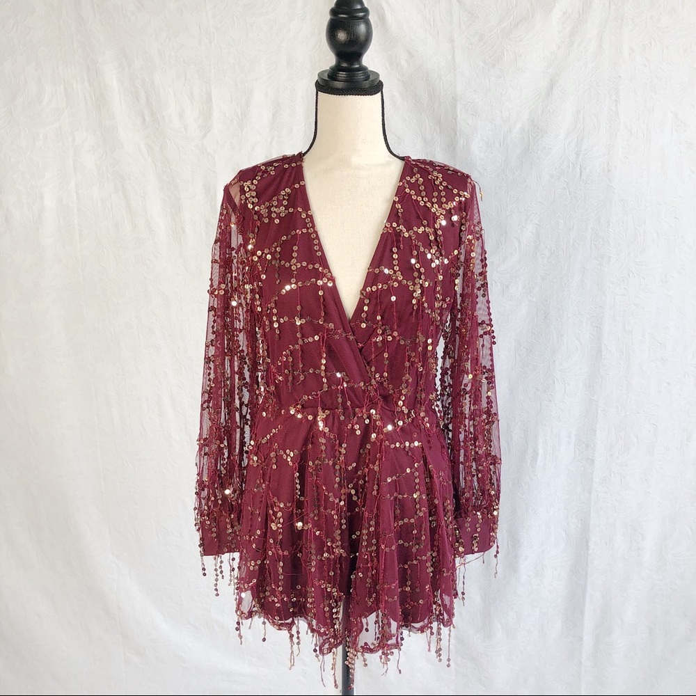Romper - Long Sleeve Burgundy Lace with Sequins
